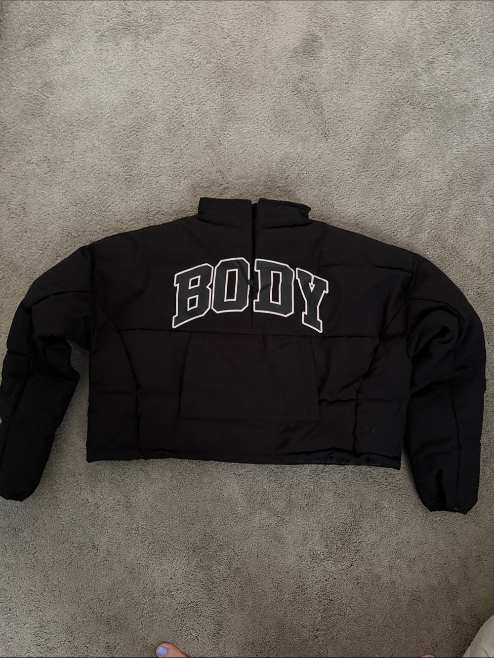 Cropped Black Puffer Jacket with BODY Chest Graphic